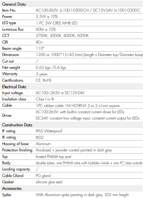 Espiga para Jardin LED, DG-1001-0300, 3W, CW 6000K, 100-265Vac, IP65, 110 Grados, Incluye: Poste con base 1200mm y estaca de aluminio DG-205, Φ45X205mm