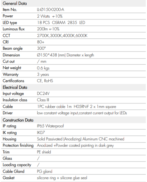 Bolardo LED, DGIN-LL2, 2W, NW 4000K, 24Vdc, Dimensiones: Ø150xH438mm, Material: Aluminio, IP65, 300 Grados, Gris Oscuro