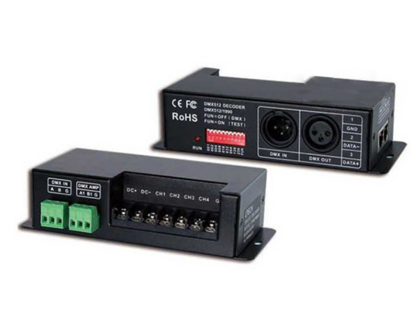 Convertidor de Senal de DMX512 a Dimmer, Input 12-24Vdc, ouput 10V PWM x 4CH, Dimming 0-100%