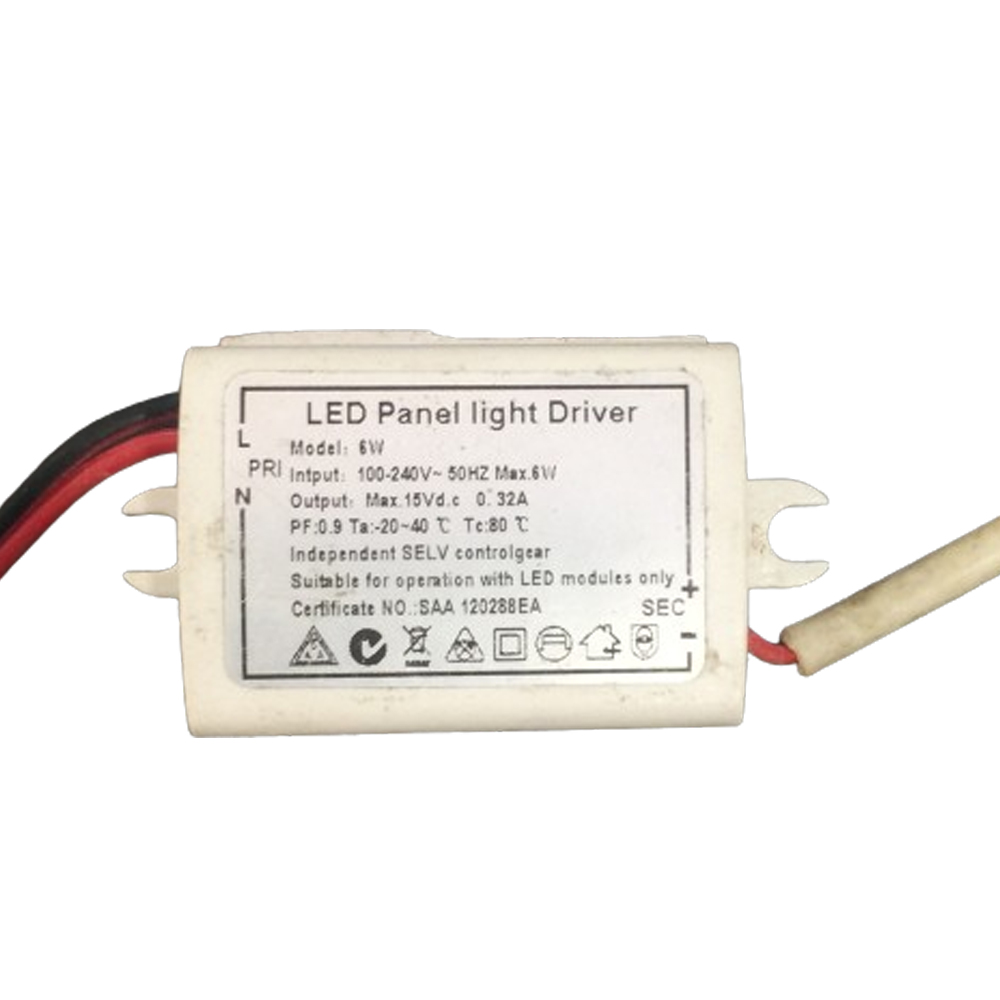 Driver p/Lámpara LED, IP20, 6W, 100-240Vac, Output: 15Vdc, 320mA, PF:0.9