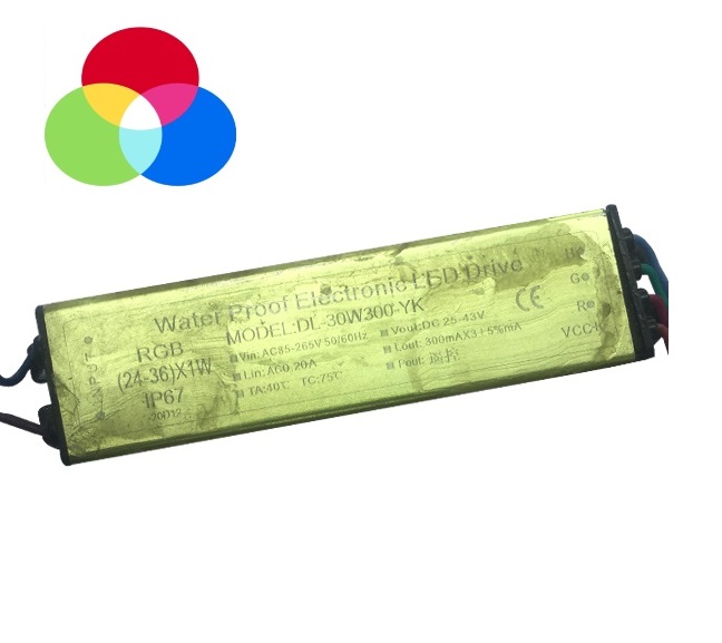 Driver p/Lámpara LED RGB, IP67, 24-36W, 85-265Vac, Output: 25-43Vdc, 300mAx3