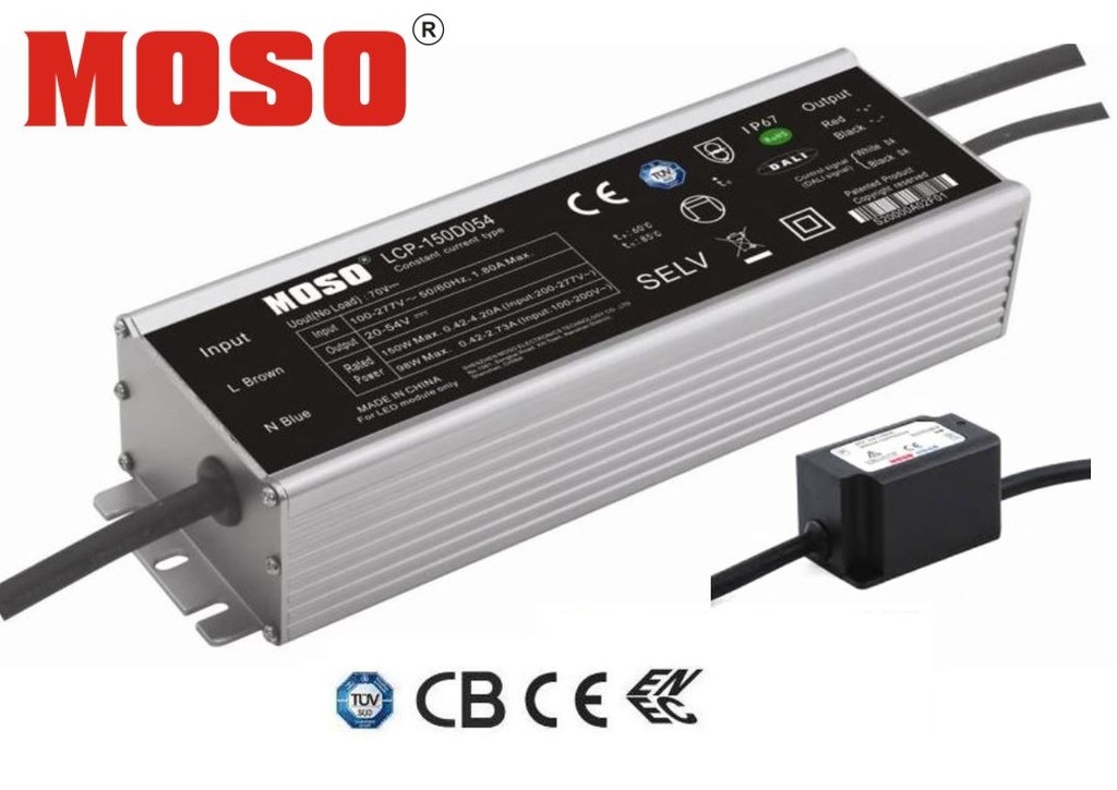 Driver p/Lámpara LED, Dimmable de 0-10Vdc con Supresor de Pico Externo 20KA y Power Supply auxiliar de 12V/0.3A, 150W (200-277Vac), 98W (100-200Vac), Output: 80-214Vdc, 110-1100mA, IP67