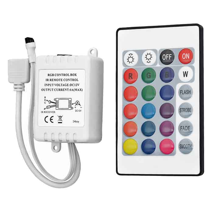 Controlador para Cintas LED con Infrarrojo, RGB, 144W, 12Vdc/12A, 24Vdc/6A, 5050-60Led/Mts, 5050-2835, 30Led/Mts-60Led/Mts con Memoria Interna y 1 Salida