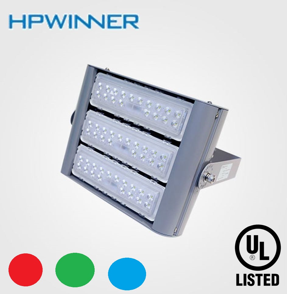 Reflector LED Modular FL2C-3, 150W, 3 Módulos, Con 1 Módulo Rojo, M2A (18pcs), 3560, 60 Grados, Con 1 Módulo Azul, M2A (18pcs), 3560, 60 Grados, Con 1 Módulo Verde, M2A (18pcs), 3725, 25 Grados, Luxeon 3535, 100,000 horas de vida útil, 100-277Vac, IP68, Gris