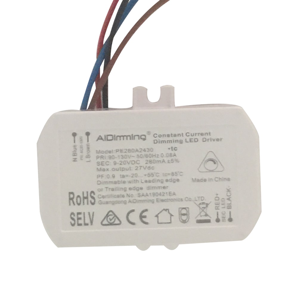 Driver p/Lámpara LED Triac Dimmable, IP20, 3-6W, 90-130Vac, Output: 9-20Vdc, 280mA, PF>0.9