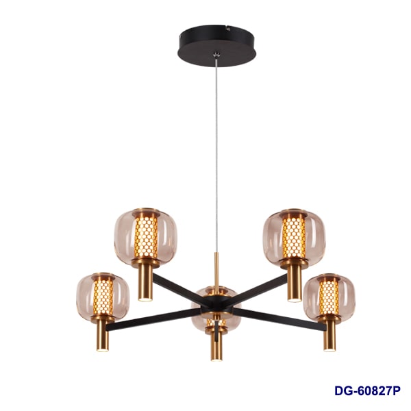 Lámpara LED Decorativa Colgante, DG60827P, 34W, 4000K Blanco Natural, 85-265Vac, Dimensiones: 600x600x1500mm, IP20, Negra con dorado