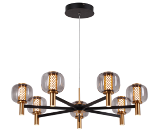 Lámpara LED Decorativa Colgante, DG60828P, 50W, 6000K Blanco Frío, 85-265Vac, Dimensiones: 800x800x1500mm, IP20, Negra con dorado