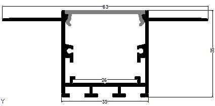 Perfil de Aluminio p/Cinta LED con PCB de 26mm, DG-EC3535, Medidas: 35x35x2000mm, p/Empotrar, Masillable, incluye: difusor opal con nivel de transparencia de un 65%, 2 tapas terminales y 4 tornillos, Plateado