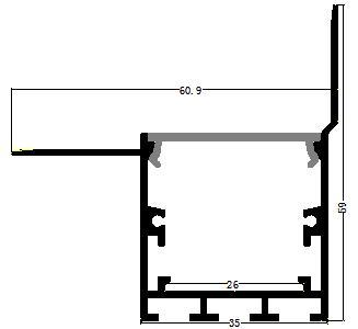 Perfil de Aluminio p/Cinta LED con PCB de 26mm, DG-EE6159, Medidas: 60.9x59x2000mm, p/Empotrar de Esquina, incluye: difusor opal con nivel de transparencia de un 65%, 2 tapas terminales y 4 tornillos, Plateado