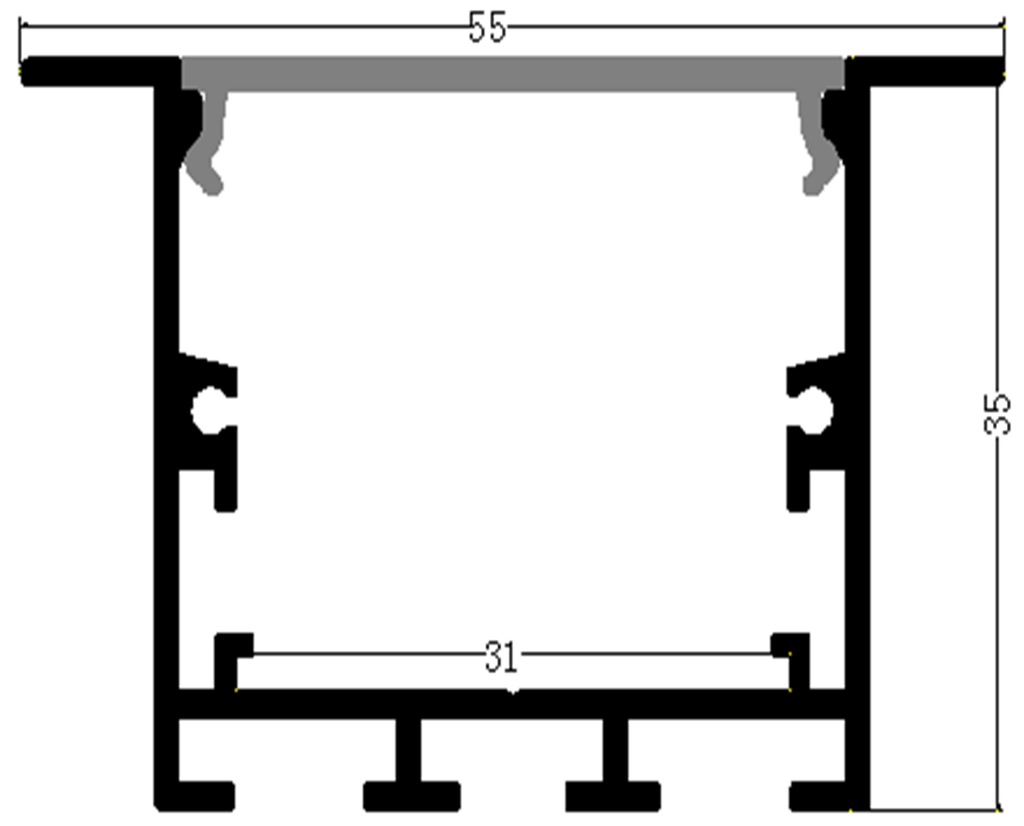 Perfil de Aluminio p/Cinta LED con PCB de 31mm, DG-E4035, Medidas: 40x35x2400mm, p/Empotrar, incluye: difusor opal con nivel de transparencia de un 65%, 2 tapas terminales, 4 tornillos y 4 Clips, Plateado