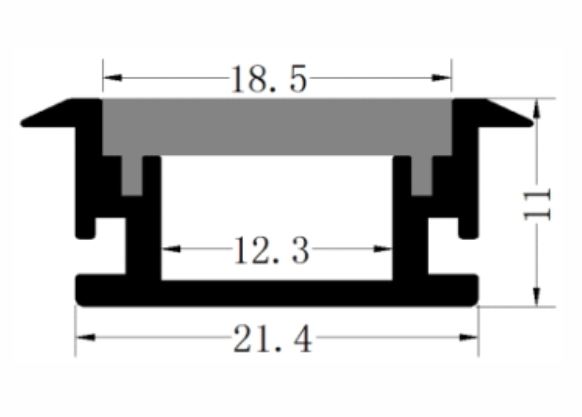 Perfil de Aluminio p/Cinta LED con PCB de 12mm, DG-E2111, Medidas: 21.4x11x2000mm, p/Empotrar, incluye: difusor opal con nivel de transparencia de un 65%, 2 tapas terminales, Plateado