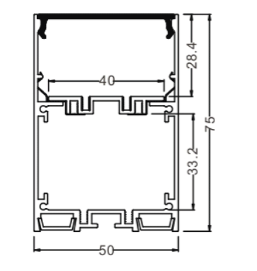 Perfil de Aluminio p/Cinta LED con PCB de 40mm, DG-C5075, Medidas: 50x75x2400mm, p/Colgar, incluye: difusor opal con nivel de transparencia de un 65%, 2 tapas terminales, 4 tornillos y 8 clips, Negro