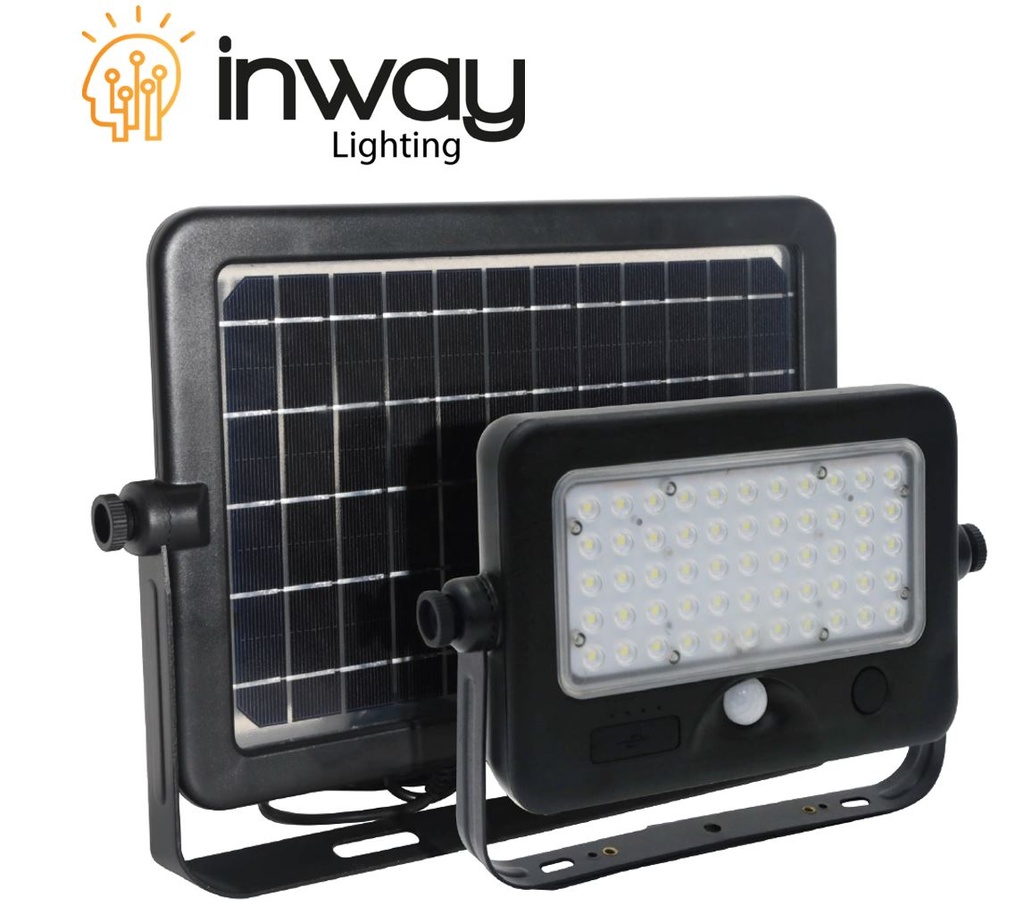 Lampara Flood Light LED Solar de 10W con Panel Solar de 6.5Wp+4.5Wp, CW 6000K, 90 Grados, Con Bateria de Litio de 186.50Wh, 3.7V, 7200mAh, Con Puerto USB, IP65, Negro, 110Lm/W