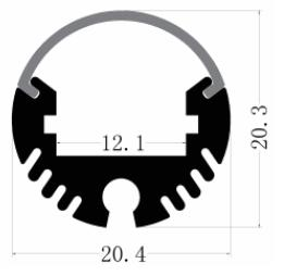 Perfil de Aluminio p/Cinta LED con PCB de 12mm, DG-C2020, Medidas: 20.4x20.3x2400mm, p/Colgar, incluye: difusor opal con nivel de transparencia de un 65%, 2 tapas terminales, Negro