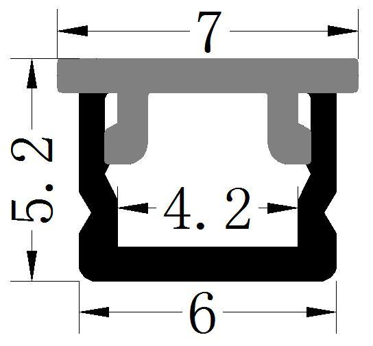 Perfil de Aluminio p/Cinta LED con PCB de 4mm, DG-E0606, Medidas: 06x5.2x2000mm, p/Empotrar, incluye: difusor opal con nivel de transparencia de un 65%, 2 tapas terminales y 4 clips, Plateado