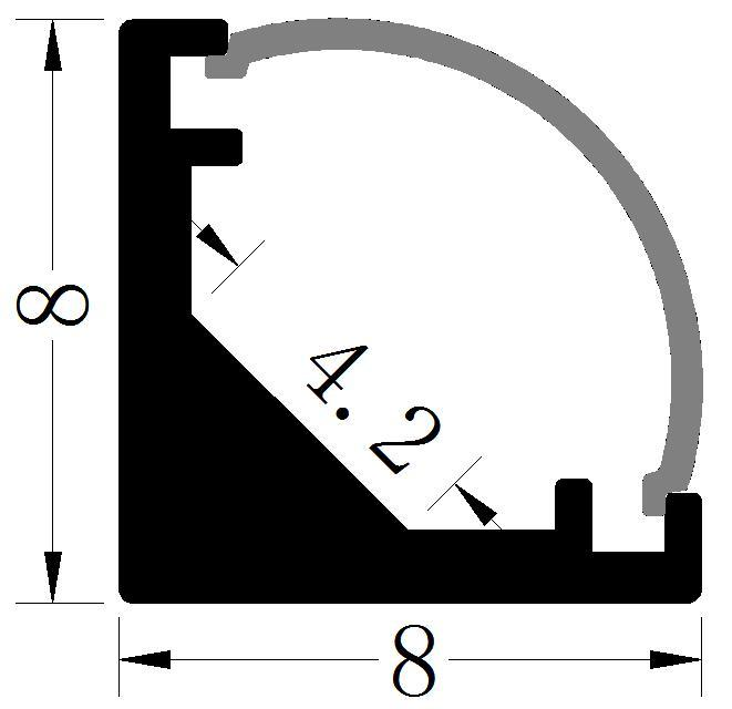 Perfil de Aluminio p/Cinta LED con PCB de 4mm, DG-ES0808, Medidas: 08x08x2000mm, p/Esquina Superficie, incluye: difusor opal con nivel de transparencia de un 65%, 2 tapas terminales y 4 clips, Plateado