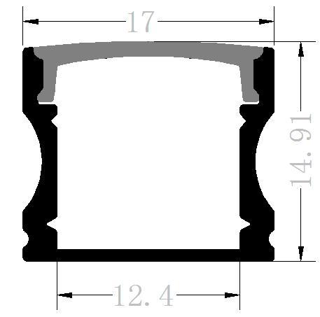 Perfil de Aluminio p/Cinta LED con PCB de 12mm, DG-S1715, Medidas: 17x14.91x2000mm, p/Superficie, incluye: difusor opal con nivel de transparencia de un 65%, 2 tapas terminales y 4 clips, Plateado