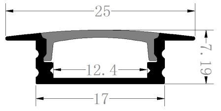 Perfil de Aluminio p/Cinta LED con PCB de 12mm, DG-E1706, Medidas: 17x7.19x2000mm, p/Empotrar, incluye: difusor opal con nivel de transparencia de un 65%, 2 tapas terminales y 4 clips, Plateado