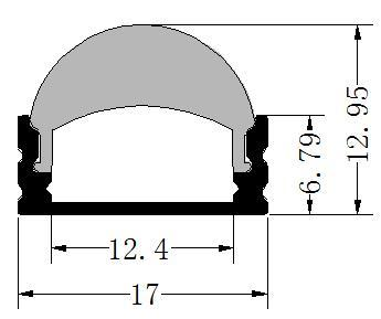 Perfil de Aluminio p/Cinta LED con PCB de 12mm, DG-S1707D, Medidas: 17x12.95x2000mm, p/Superficie, incluye: difusor opal con nivel de transparencia de un 65%, 2 tapas terminales y 4 clips, Plateado