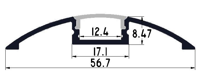 Perfil de Aluminio p/Cinta LED con PCB de 12mm, DG-S5709, Medidas: 56.7x8.47x2000mm, p/Superficie, incluye: difusor opal con nivel de transparencia de un 65%, 2 tapas terminales y 4 clips, Plateado