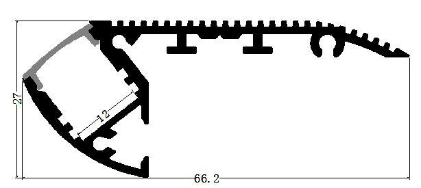 Perfil de Aluminio p/Cinta LED con PCB de 12mm, DG-ES6627, Medidas: 66.2x27x2000mm, p/Escalon, incluye: difusor opal con nivel de transparencia de un 65%, 2 tapas terminales, Plateado