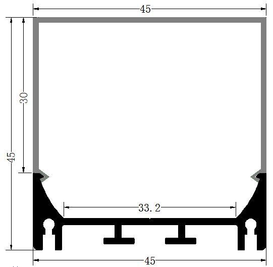 Perfil de Aluminio p/Cinta LED con PCB de 33mm, DG-S4545, Medidas: 45x45x2400mm, p/Superficie, incluye: difusor opal con nivel de transparencia de un 65%, 2 tapas terminales, 4 clips y 4 tornillos, Plateado