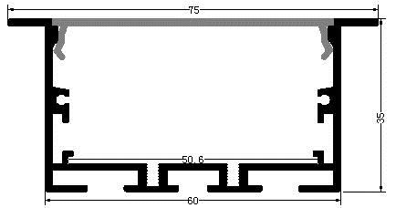 Perfil de Aluminio p/Cinta LED con PCB de 50mm, DG-E6035, Medidas: 60x35x2400mm, p/Empotrar, incluye: difusor opal con nivel de transparencia de un 65%, 2 tapas terminales, 4 clips y 4 tornillos, Plateado