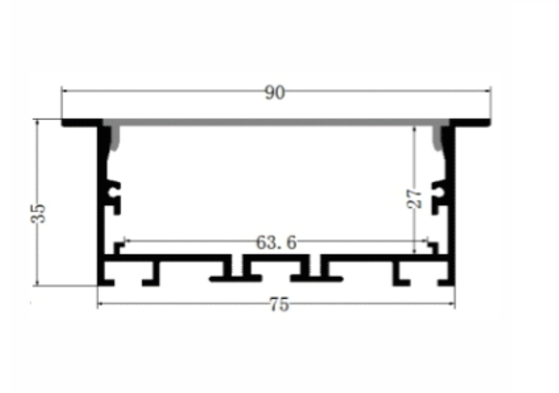 Perfil de Aluminio p/Cinta LED con PCB de 63mm, DG-E7535, Medidas: 75x35x2400mm, p/Empotrar, incluye: difusor opal con nivel de transparencia de un 65%, 2 tapas terminales, 4 clips y 4 tornillos, Plateado