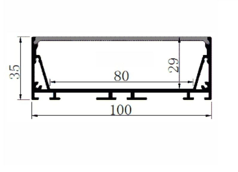 Perfil de Aluminio p/Cinta LED con PCB de 65mm, DG-SC10035, Medidas: 100x35x2400mm, p/Superficie y colgar, incluye: difusor opal con nivel de transparencia de un 65%, 2 tapas terminales, 4 clips y 4 tornillos, Plateado