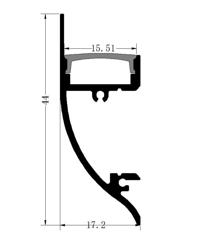 Perfil de Aluminio p/Cinta LED con PCB de 12mm, DG-S1744, Medidas: 17x44x1000mm, p/Superficie, incluye: difusor opal con nivel de transparencia de un 65%, 2 tapas terminales y 2 clips, Plateado