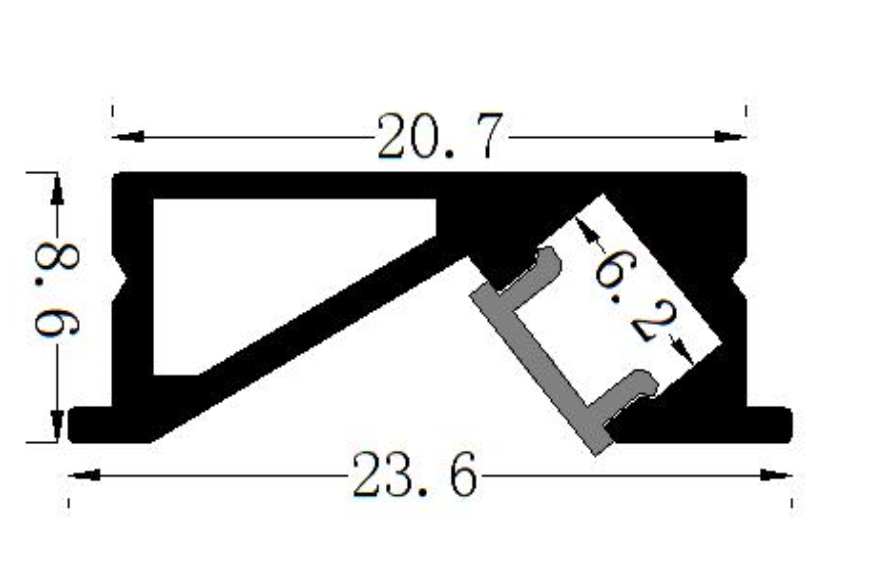 Perfil de Aluminio p/Cinta LED con PCB de 6mm, DG-EAR0924, Medidas: 09x24x1000mm, p/Esquina hacia arriba, incluye: difusor opal con nivel de transparencia de un 65%, 2 tapas terminales y 2 clips, Plateado