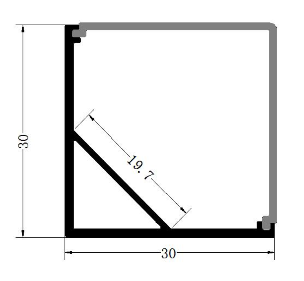 Perfil de Aluminio p/Cinta LED con PCB de 19mm, DG-SE3030E, Medidas: 30x30x1000mm, p/Superficie, esquina, incluye: difusor opal con nivel de transparencia de un 65%, 2 tapas terminales y 2 clips, Plateado