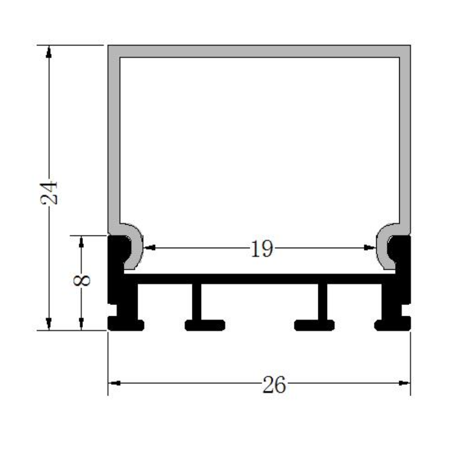 Perfil de Aluminio p/Cinta LED con PCB de 15mm, DG-SC2624B, Medidas: 26x24x1000mm, p/Superficie, colgar, incluye: difusor opal con nivel de transparencia de un 65%, 2 tapas terminales y 2 clips y 2 tornillos Plateado