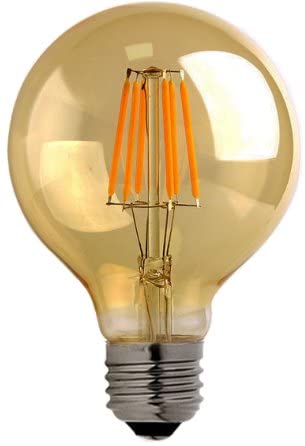 Bombilla de Filamento Vintage, Tipo G80, 6W, 2700K Blanco Cálido, E27, Ambar, 110-130Vac, Dimensiones: 80x120mm, IP20, 360 Grados