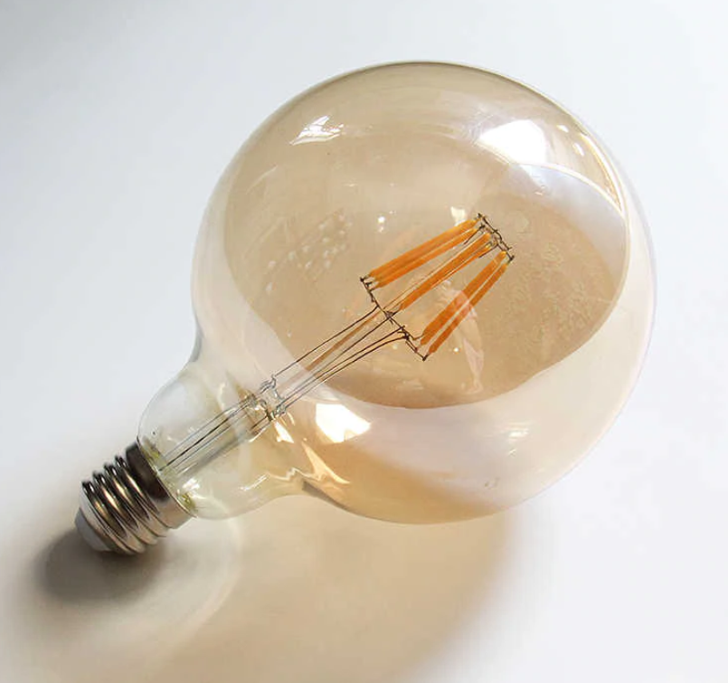Bombilla de Filamento Vintage, Tipo G125, 10W, 2700K Blanco Cálido, E27, Ámbar, 110-130Vac, Dimensiones: 125x175mm, IP20, 360 Grados