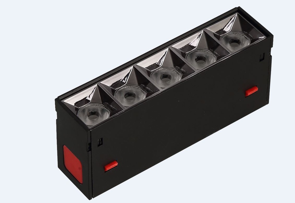 Lámpara Lineal Magnética LED p/Riel de 20mm de ancho con Rejilla, 8W, 5.43"(138mm), 6000K Blanco Frío, 100-260Vac, Dimmable, Instalación: Empotrar o Superficie, 38 Grados, Negra