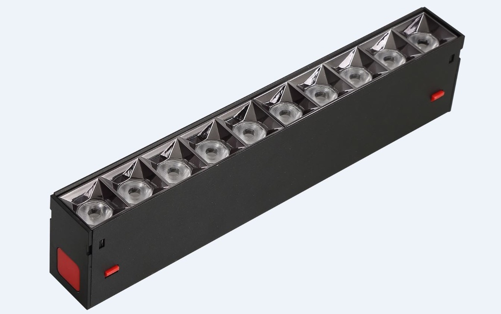Lámpara Lineal Magnética LED p/Riel de 40mm de ancho con Rejilla, 16W, 10.63"(270mm), 4000K Blanco Natural, 100-260Vac, Dimmable, Instalación: Empotrar o Superficie, 38 Grados, Negra