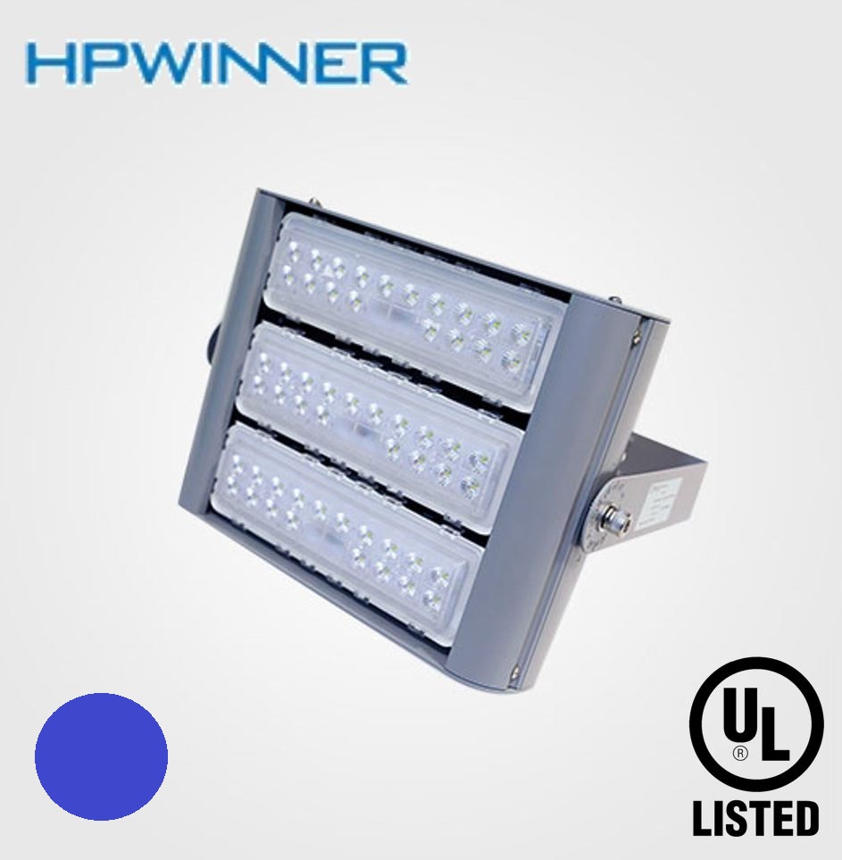 Reflector LED Modular FL2C-3, 150W, 3 Módulos, Azul, con 2 módulos M2A (18pcs), 3560, 60 Grados y con 1 módulo M2A (18pcs), 3725, 25 Grados, Luxeon 3535, 100,000 horas de vida útil, 100-277Vac, IP68, Gris