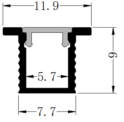 Perfil de Aluminio p/Cinta LED con PCB de 5mm, DG-E0809, Medidas: 7.7x09x2500mm, p/Empotrar, incluye: difusor opal con nivel de transparencia de un 65%, 2 tapas terminales, 4 tornillos y 4 Clips, Plateado