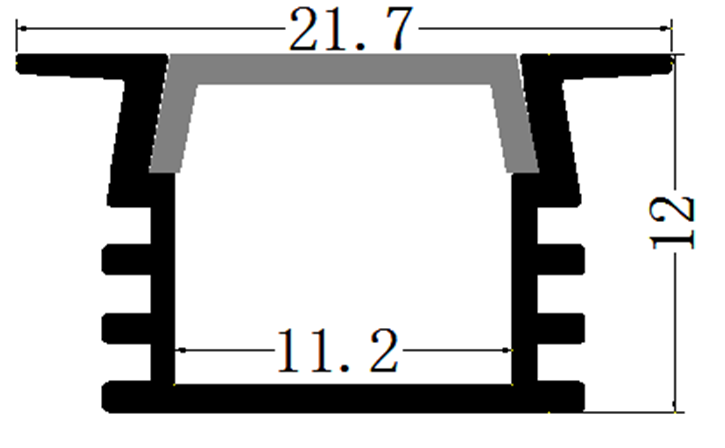 Perfil de Aluminio p/Cinta LED con PCB de 5-10mm, DG-E1612, Medidas: 11.2x12x2500mm, p/Empotrar, incluye: difusor opal con nivel de transparencia de un 65%, 2 tapas terminales y 4 Clips, Plateado