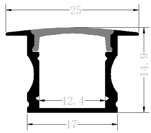 Perfil de Aluminio p/Cinta LED con PCB de 5-12mm, DG-E1714, Medidas: 17x14.9x2500mm, p/Empotrar, incluye: difusor opal con nivel de transparencia de un 65%, 2 tapas terminales y 4 clips, Plateado