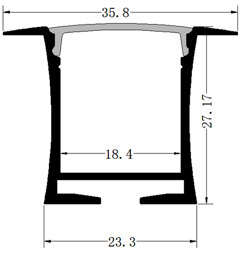 Perfil de Aluminio p/Cinta LED con PCB de 8-15mm, DG-E2328, Medidas: 23.3x27.17x2500mm, p/Empotrar, incluye: difusor opal con nivel de transparencia de un 65%, 2 tapas terminales y 4 clips, Plateado