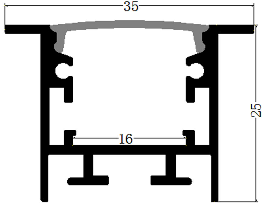 Perfil de Aluminio p/Cinta LED con PCB de 8-15mm, DG-E2525, Medidas: 25x25x2500mm, p/Empotrar, incluye: difusor opal con nivel de transparencia de un 65%, 2 tapas terminales y 4 clips, Plateado