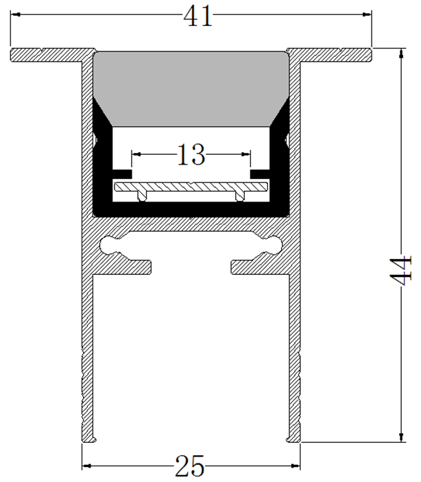 Perfil de Aluminio p/Cinta LED con PCB de 8-10mm, DG-E2544, Medidas: 25x44x2500mm, p/Empotrar, incluye: Tubo acrílico, hoja de aluminio y 2 tapas terminales, Plateado