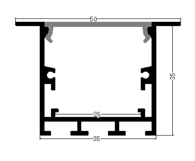 Perfil de Aluminio p/Cinta LED con PCB de 8-20mm, DG-E3535, Medidas: 35x35x2500mm, p/Empotrar, incluye: difusor opal con nivel de transparencia de un 65%, 2 tapas terminales y 4 clips, Plateado