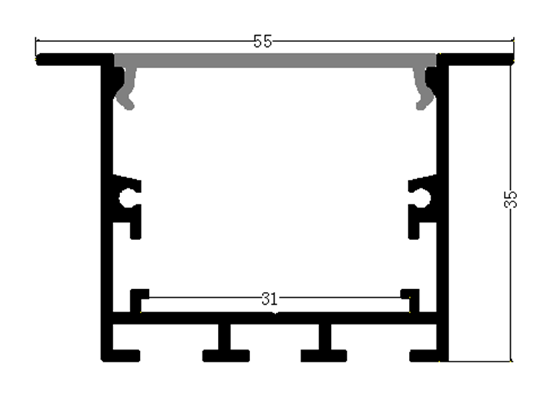 Perfil de Aluminio p/Cinta LED con PCB de 8-30mm, DG-E4035, Medidas: 40x35x2500mm, p/Empotrar, incluye: difusor opal con nivel de transparencia de un 65%, 2 tapas terminales y 4 clips, Plateado