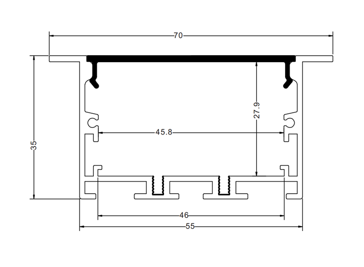 Perfil de Aluminio p/Cinta LED con PCB de 8-40mm, DG-E5535, Medidas: 55x35x2500mm, p/Empotrar, incluye: difusor opal con nivel de transparencia de un 65%, 2 tapas terminales, 4 tornillos y 4 Clips, Plateado