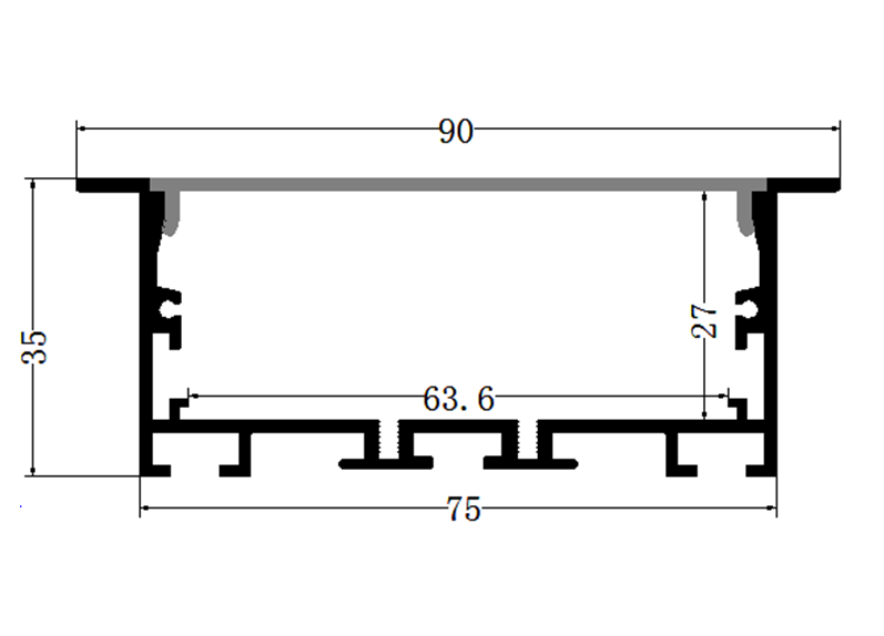 Perfil de Aluminio p/Cinta LED con PCB de 8-60mm, DG-E7535, Medidas: 75x35x2500mm, p/Empotrar, incluye: difusor opal con nivel de transparencia de un 65%, 2 tapas terminales, 4 clips y 4 tornillos, Plateado