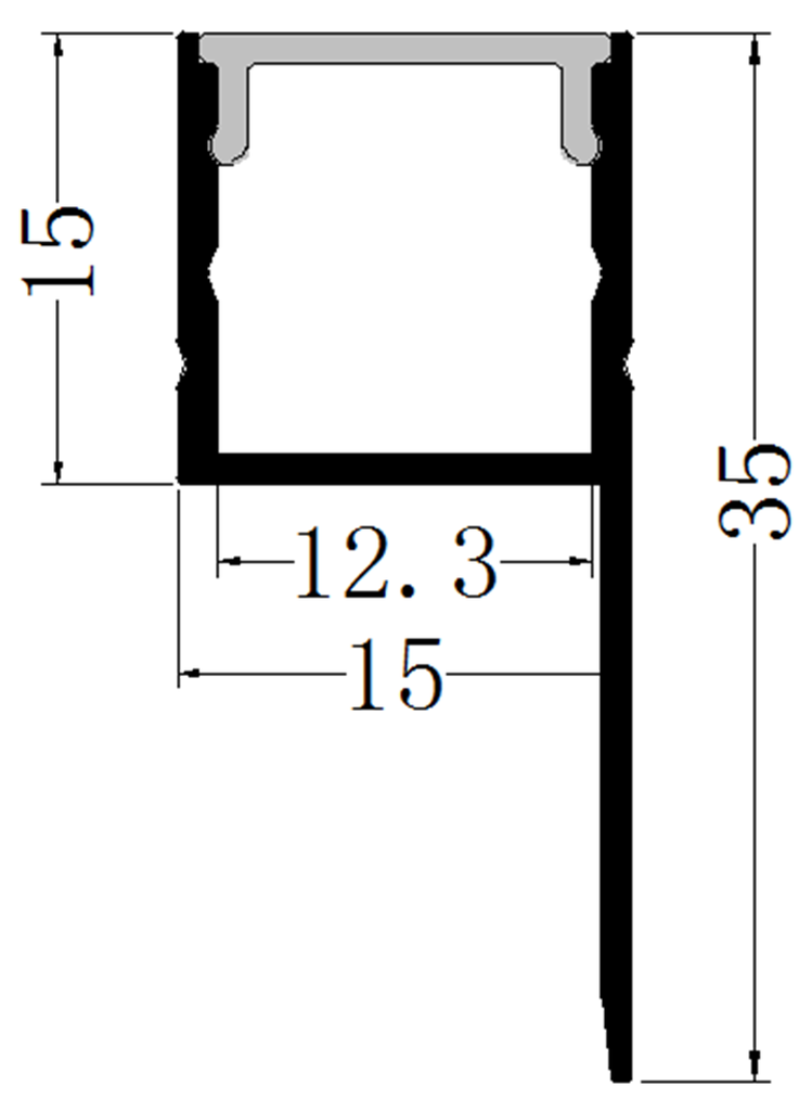 Perfil de Aluminio p/Cinta LED con PCB de 8-10mm, DG-E1515, Medidas: 15x15x2500mm, p/Empotrar, incluye: difusor opal con nivel de transparencia de un 65%, 2 tapas terminales, Plateado