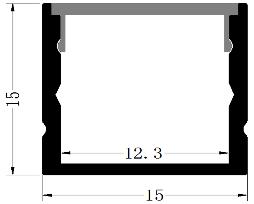 Perfil de Aluminio p/Cinta LED con PCB de 5-12mm, DG-S1515, Medidas: 15x15x2500mm, p/Superficie, incluye: difusor opal con nivel de transparencia de un 65%, 2 tapas terminales y 4 clips, Plateado